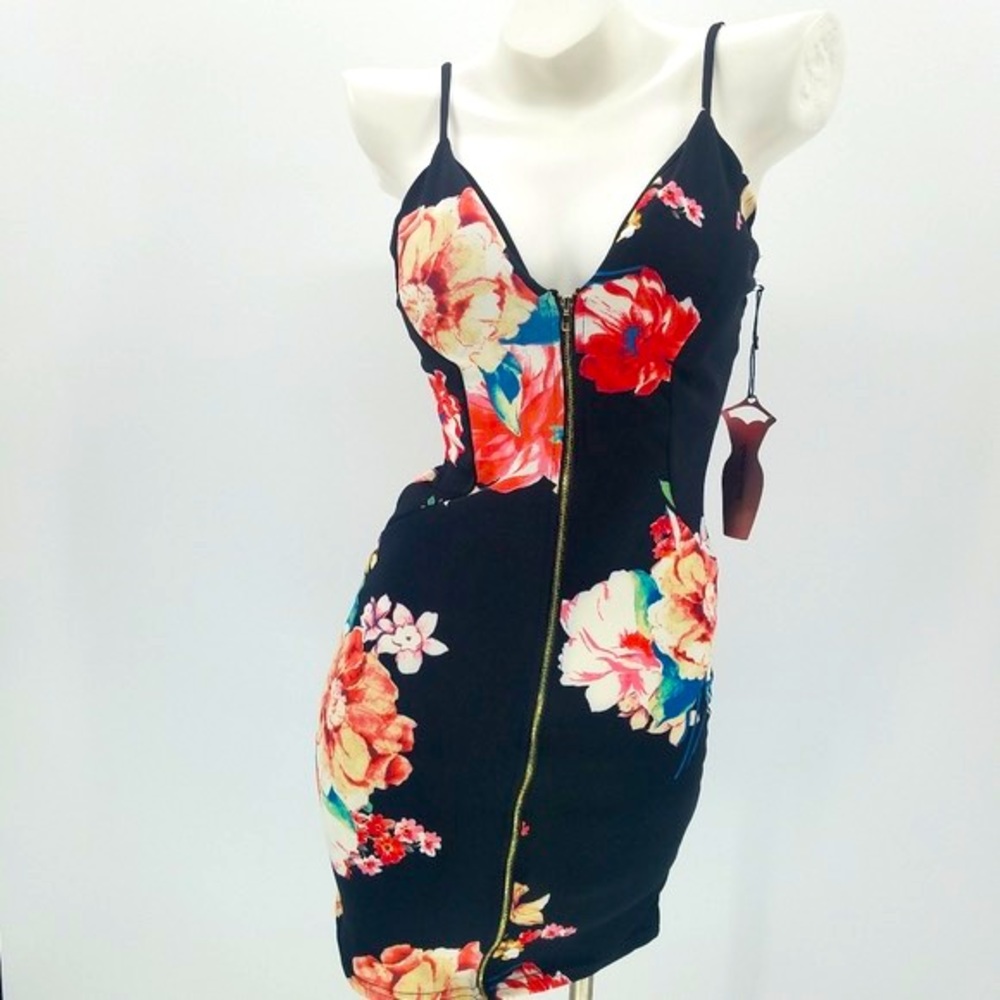 Floral Front Zip Bodycon Dress